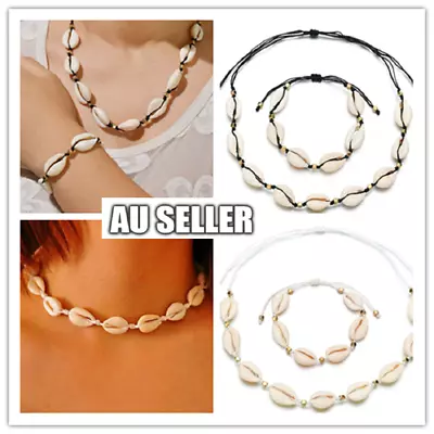 Adjustable Natural Cowrie Shell Sea Rope Choker Necklace Bracelet Set Beach Gift • $3.99