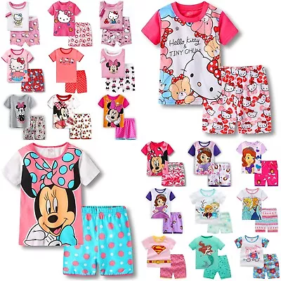 Girls Cartoon Characters Pyjamas Pjs Set Kids T-Shirt Shorts Sleepwear Outfits • $16.59