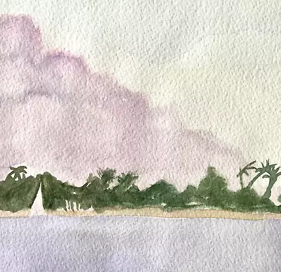 1989 Vintage Tropical Beach Watercolor Art Palm Trees Island Landscape Pink Sky • $51.20