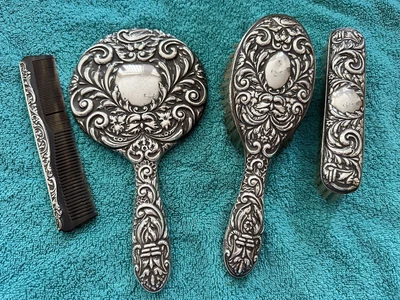 £80 • Buy Vintage Solid Silver Ornate  Vanity Dressing Table Set With Hallmarks Anchor K