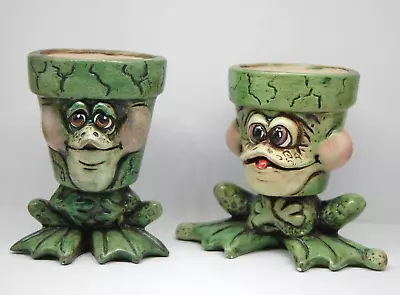 PAIR Of Vintage Anthropomorphic FROG Succulent Planters Ceramic Hand Painted • $17