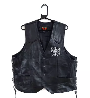 West East Choppers Black Embroidered Leather Moto Biker Vest Waistcoat XL • £29.99