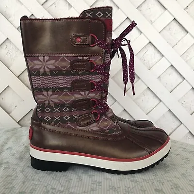 UGG Snow Boots 8 Baroness Fair Isle Burgundy Snowflake Leather Winter Duck Boots • $49