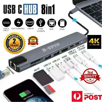 $38.99 • Buy 8 In 1 USB-C HUB Type-C USB Multi 3.0 4K HDMI RJ45 Ethernet Micro SD TF OTG