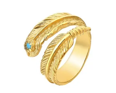 Turquoise Wrap Gold Feather Titanium Stainless Steel Ring Men/ Women Size 9-11 • $11.99