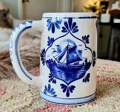 Handsome Vintage Delft Blue Pottery Beer Stein/Mug Hand Painted EUC  • $9.99