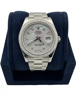 Rolex Datejust II 41mm Diamond Bezel & Dial White Mother Of Pearl Watch 116334 • $15000