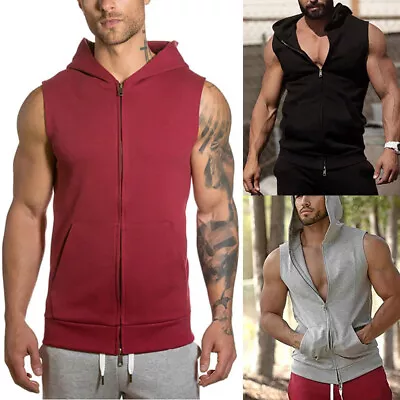 Mens Sleeveless Vest Pullover Hooded Hoodie Tank Top Gym Sports Muscle T-Shirt • £3.84