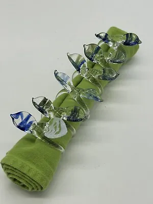 Blown Glass Handcrafted Napkin Rings Blue/Green Leaves - Vintage (Set Of 6) • $20