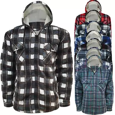 Mens Lumberjack Sherpa Fur Fleece Lined Hoodie Jacket Hooded Work Padded Shirt • £18.99