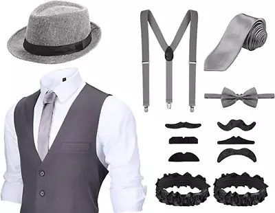 SATINIOR 1920s Mens Costume 20s Accessories Outfit With Gangster Vest Fedora Hat • $42.99