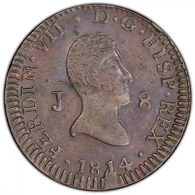 SPAIN: 1814-J 8 Maravedis PCGS MS62BN ———— ONLY PCGS BU 1 OF 6 KNOWN • $500