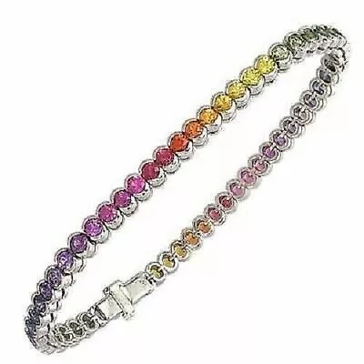 Rainbow Simulated Sapphire Bezel Set Tennis Bracelet White Gold Plated 6.75 In • $224