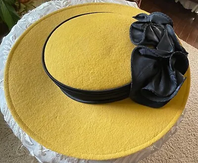 Vintage Sonni San Francisco Deep Yellow  Double Black Taffeta Bows Wide Brim Hat • $63.75