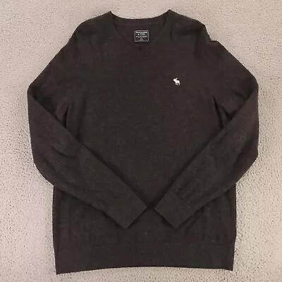 Abercrombie & Fitch Sweater Mens 2XL Gray Merino Wool Cotton V Neck Moose Logo • $29.97