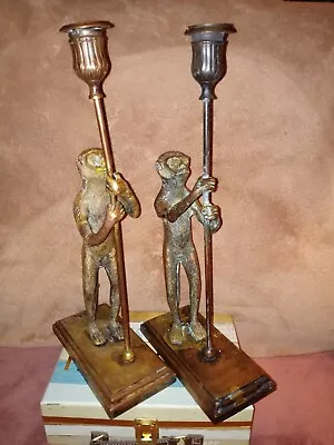 MAITLAND SMITH BRONZE MONKEY CANDLE HOLDERS MALE/FEMALE VINTAGE 15”T Heavy • $180