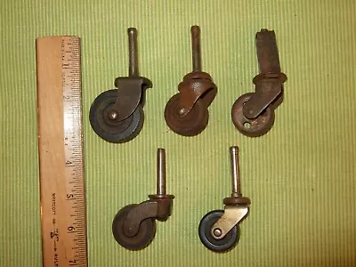 VTG ANTIQUE CASTERS Lot OF 5 Wood Metal WHEELS 1 1/4  & 1 1/2  1/4  Shafts  • $7.99