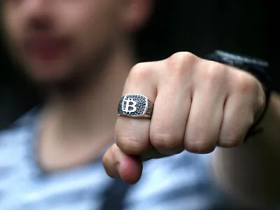 Black Round CZ Bitcoin Engagement Wedding Unisex Ring 925 Sterling Silver • $123.25