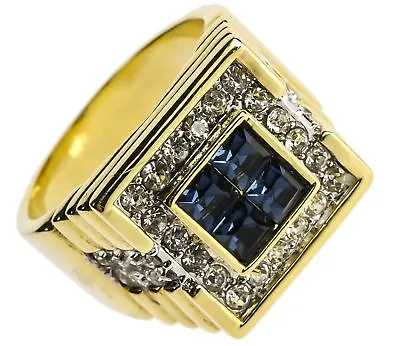 Deep Blue Sea 24 Stone Simulated Sapphire Men's Ring 14k Gold Overlay Size 9 T4 • $19.36
