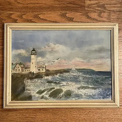Vintage 1950’s Lighthouse Sea Seascape Landscape Oil Painting Signed Spies 1952 • $24