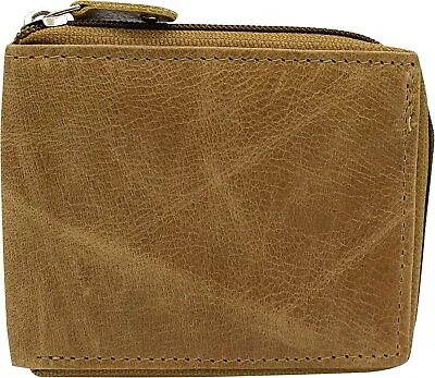 Men's Zip Around RFID Blocking Genuine Leather Outside ID Bifold Tan Wallet... • $16.99