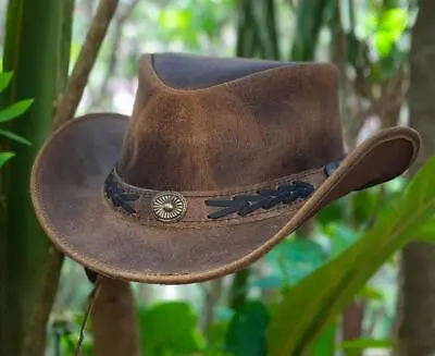 Mens Real Leather Australian Western Cowboy Style Tan Crazy Horse Bush Hat • £19.95