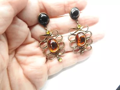 Black Orange Beaded Yellow Rhinestone Copper Dangle Pierced Earrings Vintage • $10.36