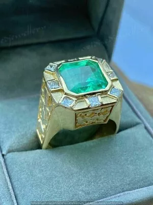 Vintage Art Deco 5.20 Ct Simulated Green Emerald Men's Ring 14K Yellow Gold Over • $143