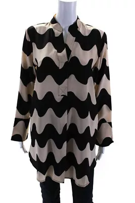 Marimekko Womens Long Sleeve V Neck Silk Wavy Shirt Brown Black Size FR 36 • $89.99