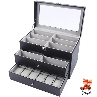 Watch Box Leather Display Case Organizer 24 Slots Glass Jewelry Storage Men NEW • $36.10