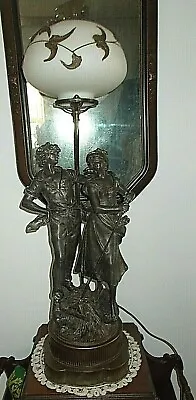 Antique French L & F Moreau Signed Figural Bronze Patina Spelter Lamp  • $750