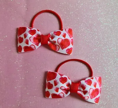 Handmade Pair Of Red Hearts Grosgrain Ribbon Hair Bow Bobbles  • £3.89