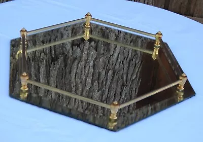 Vintage Mirrored Vanity Tray Hexagon Beveled Edge Brass Accents 12  • $24.99