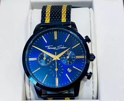 Thomas Sabo REBEL SPIRIT CHRONO Mens Gold Navy Blue Mesh Band Watch NEW RRP$599 • $249