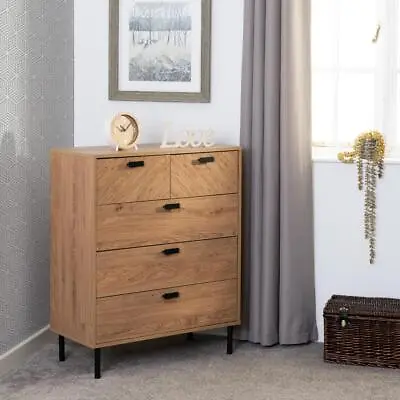 Leon 3+2 Drawer Chest Of Drawers Herringbone Medium Oak Bedroom Storage • £133.50