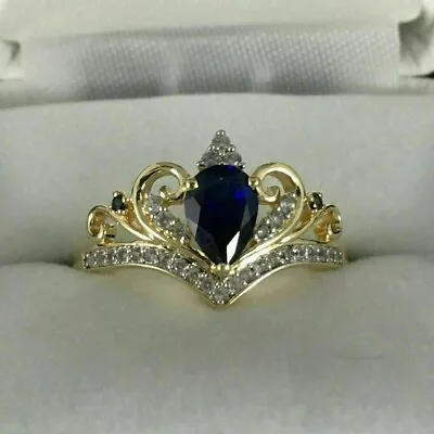 2Ct Marquise Cut Lab Created Blue Sapphire Crown Engagement Ring 14K Gold Finish • $82.49