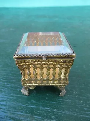 Vintage Antique Victorian SQUARE Brass Beveled Glass Jewelry Trinket Footed Box • $79.99