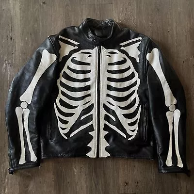 Men's Leather Jacket Motorcycle Skeleton Biker Genuine Cow Leather Jacket • $119.99