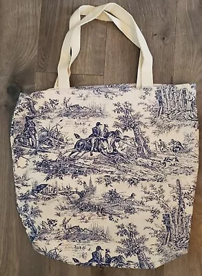 VINTAGE Canvas Lined Tote Bag Blue Toile Horse & Hounds Pattern 16  X 16  • $14.40