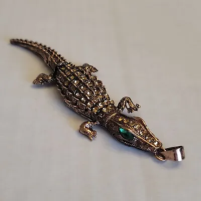 Vintage Rhinestone Alligator Crocodile Necklace Pendant 5.25  Long Gold Tone • $25.40