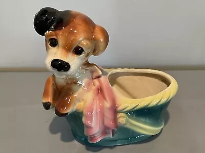 VERY CUTE 1950s Vintage PUPPY DOG IN BASKET Ceramic Planter ROYAL COPLEY?  • $12