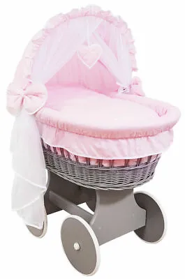 £159.99 • Buy GREY WICKER WHEELS CRIB/BABY MOSES BASKET + COMPLETE BEDDING Pink/Cotton