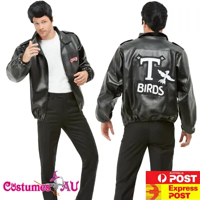 Mens T-Birds Gang Jacket 1950 50s Black Grease Danny T Bird Tbird Costume Rock • $29.88