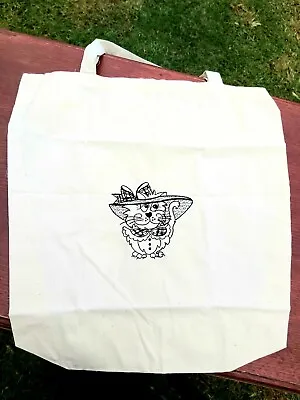 Reusable Calico Shopping Bags With Side Gusset. Machine Embroidered Lady CAT • $9.50