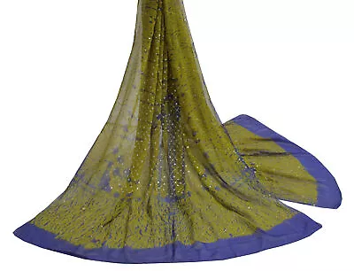 Sushila Vintage Blue Indian Dupatta Pure Georgette Silk Embroidered Long Stole • $26.99