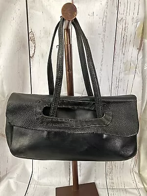 Vintage Handcrafted Black Leather Satchel Handbag 2 Compartment Double Handles • $19.95