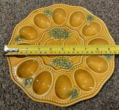 Vtg Deviled Egg Plate Dish Gold Green Grape Leaf Ceramic MCM 9.5” Easter Platter • $10.38