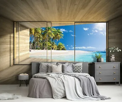 MURAL Loft Window Terrace Paradise Beach WALLPAPER Landscape Wall Non-Woven FAST • £40.90