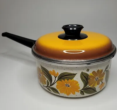 Vtg JMP Capri Enamel Metal Flowered Pot Pan W/ Original Lid 2.5qt Made In Spain • $29.95