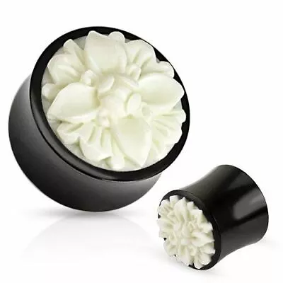 Pair Of Black Organic Buffalo Horn Plugs Gauges Ear White Flower 0g 00g 1/2 9/16 • $16.49